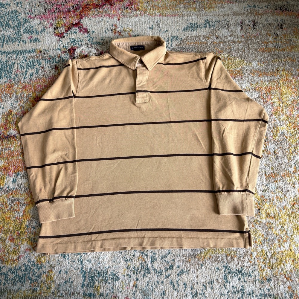 Y2K Lands' End Striped Rugby Shirt Mens Large Tan Brown Long Sleeve Prep